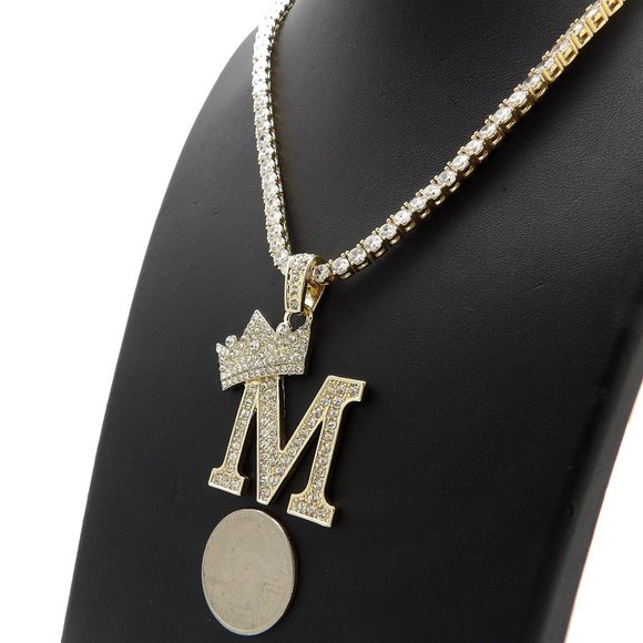 Initial Letter "M" Pendant Tennis Chain Necklace - Picture 5 of 10